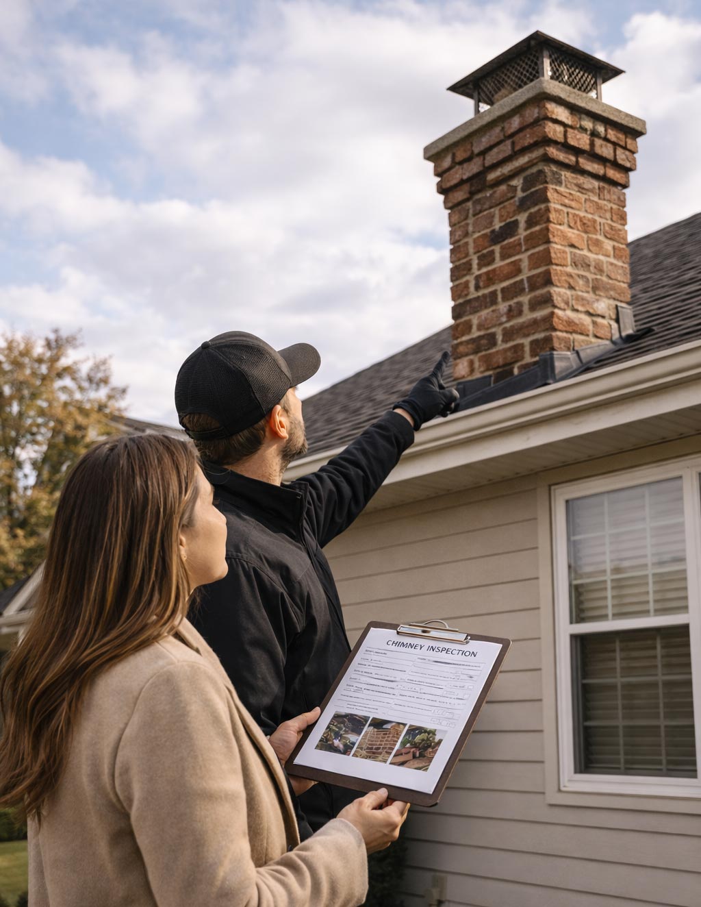 Homeowner and technician reviewing chimney inspection from ground