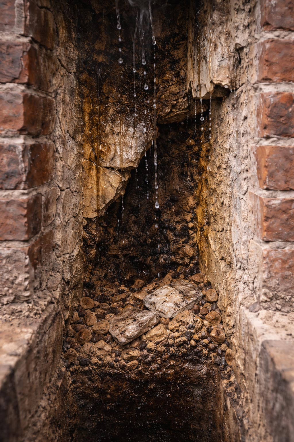 Moisture damage and interior chimney deterioration affecting the flue system
