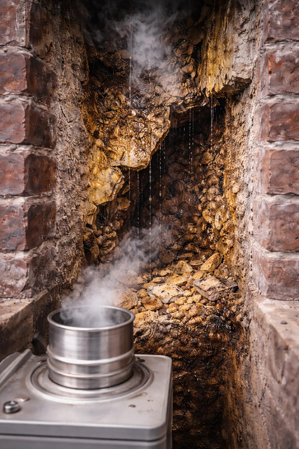 Oil furnace chimney flue showing sulfur corrosion and internal chimney damage