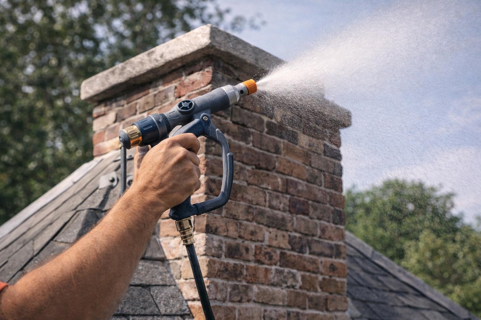 Applying water repellent to a brick chimney